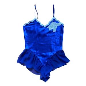 90s Royal Blue With White Rose Apique Nightie - Victoria’s Secret gold label